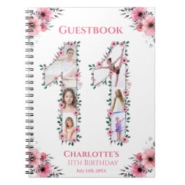 Big 11 Birthday Girl Photo Rosa Flower Guestbook Anteckningsbok
