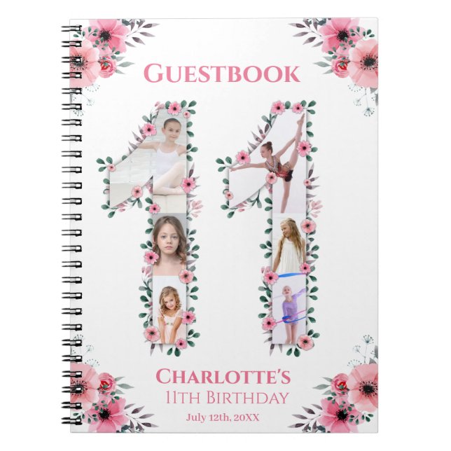Big 11 Birthday Girl Photo Rosa Flower Guestbook Anteckningsbok (Framsidan)