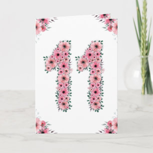 Big 11th Birthday Girl Rosa Flowers Grönt Foliage Kort