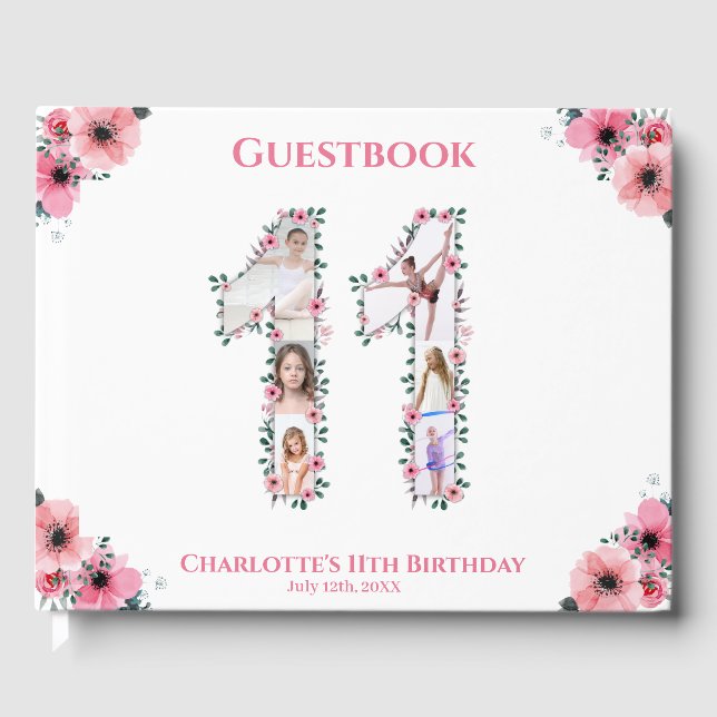 Big 11th Birthday Photo Collage Flower Girl White Gästböcker (Framsida)