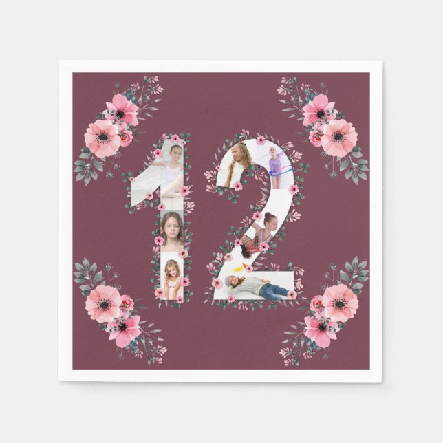 Big 12:e Birthday Girl Flower Photo Collage Pappersservett (Framsidan)