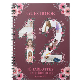 Big 12:e Birthday Girl Photo Collage Rosa Flower Anteckningsbok