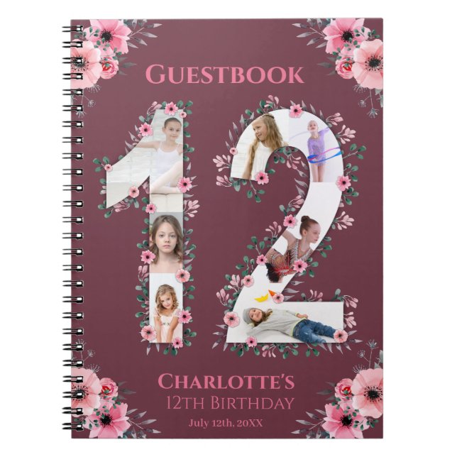 Big 12:e Birthday Girl Photo Collage Rosa Flower Anteckningsbok (Framsidan)