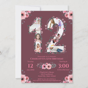 Big 12:e Birthday Girl Photo Collage Rosa Flower Inbjudningar