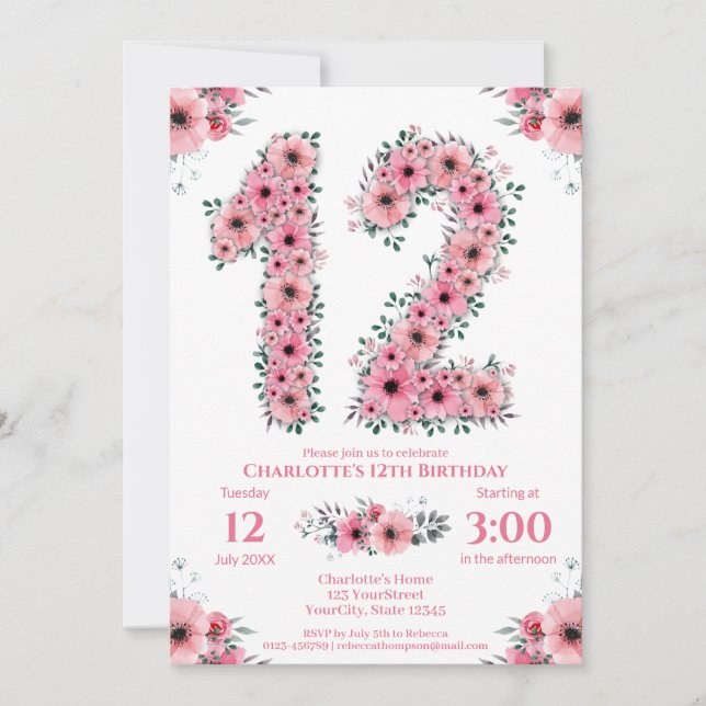 Big 12:e Birthday Grönt Foliage Girl Rosa Flowers Inbjudningar (Framsida)