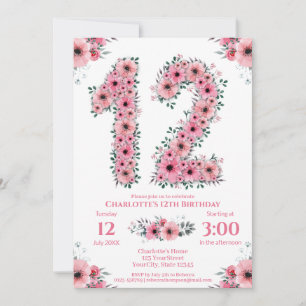 Big 12:e Birthday Grönt Foliage Girl Rosa Flowers Inbjudningar