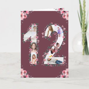 Big 12:e Birthday Photo Collage Girl Rosa Flower Kort