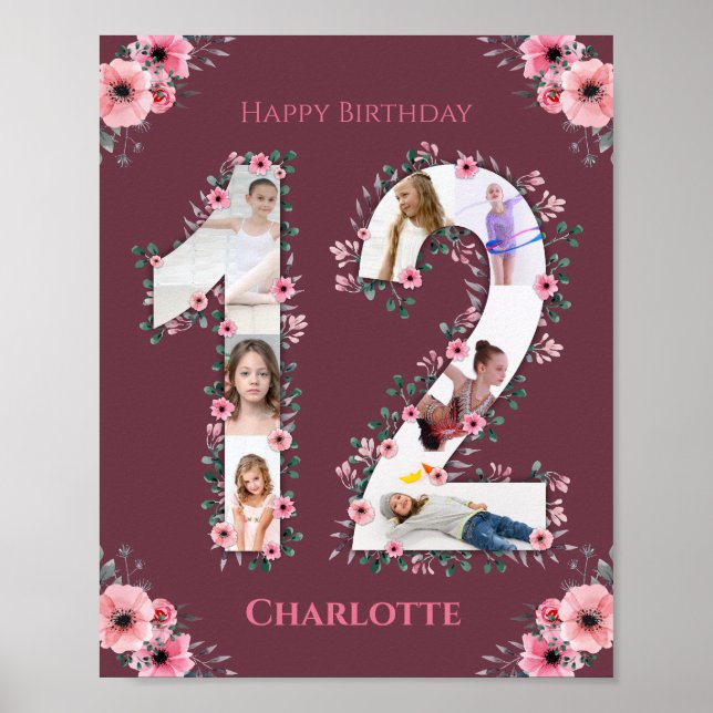 Big 12:e Birthday Rosa Flower Girl Photo Collage Poster (Framsidan)