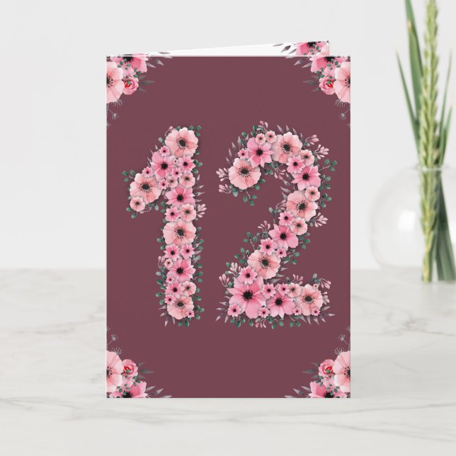 Big 12:e Birthday Rosa Flowers Grönt Foliage Girl Kort (Framsida)