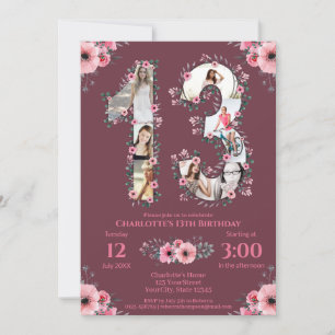 Big 13th Birthday Girl Photo Collage Rosa Flower Inbjudningar