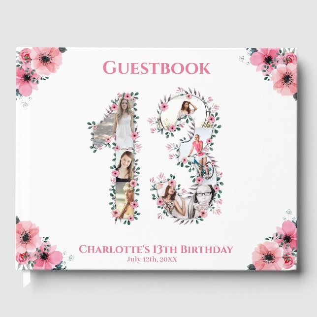 Big 13th Birthday Photo Collage Flower Girl White Gästböcker (Framsida)