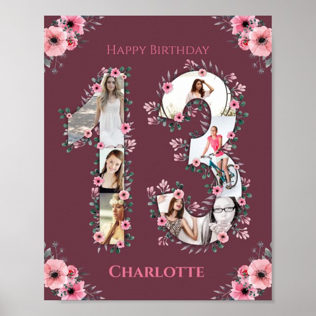 Big 13th Birthday Rosa Flower Girl Photo Collage Poster (Framsidan)