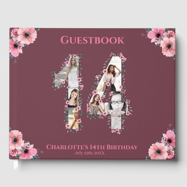 Big 14th Birthday Photo Collage Flower Girl Rosa Gästböcker (Framsida)
