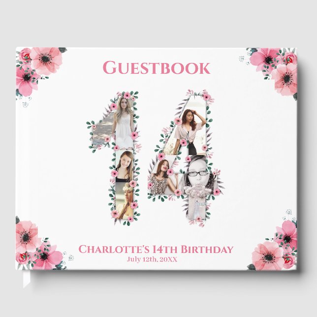 Big 14th Birthday Photo Collage Flower Girl White Gästböcker (Framsida)