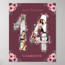 Big 14th Birthday Rosa Flower Girl Photo Collage Poster