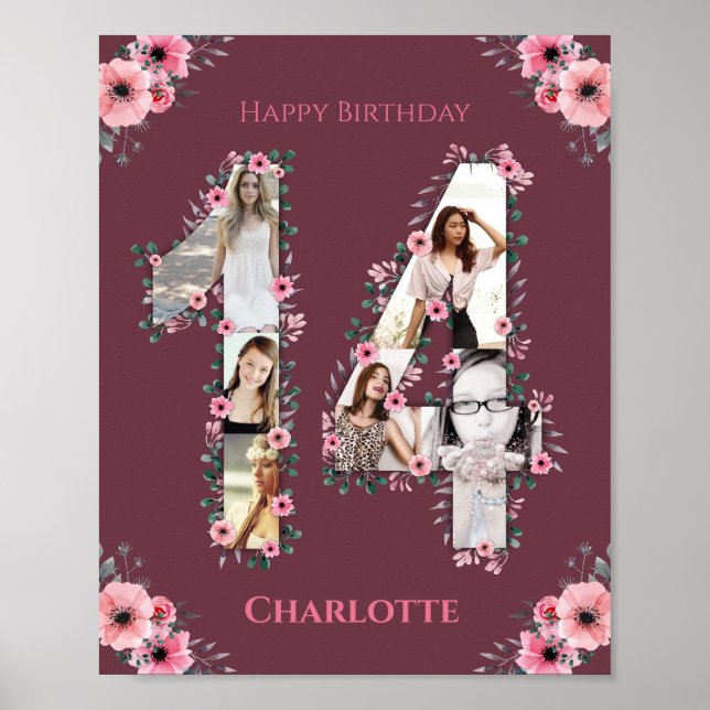 Big 14th Birthday Rosa Flower Girl Photo Collage Poster (Framsidan)