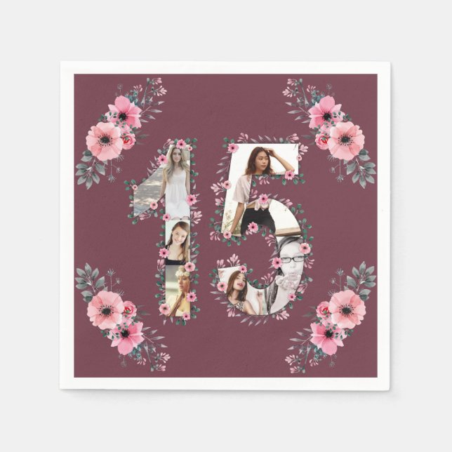 Big 15 Birthday Girl Flower Photo Collage Pappersservett (Framsidan)