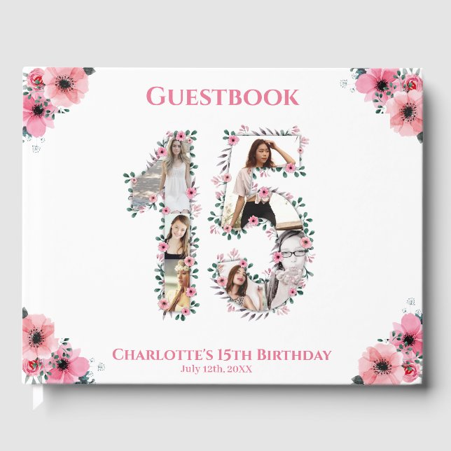 Big 15 Birthday Photo Collage Flower Girl White Gästböcker (Framsida)