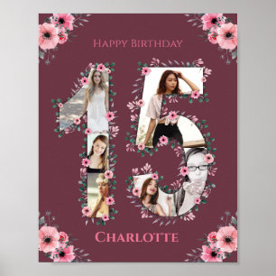 Big 15 Birthday Rosa Flower Girl Photo Collage Poster