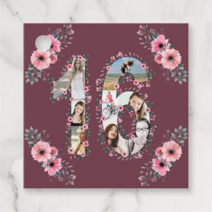Big 16th Girl Birthday Photo Collage Rosa Flower Gåvor Etiketter