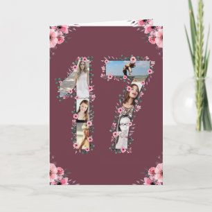 Big 17:e födelsedag Photo Collage Girl Rosa Flower Kort