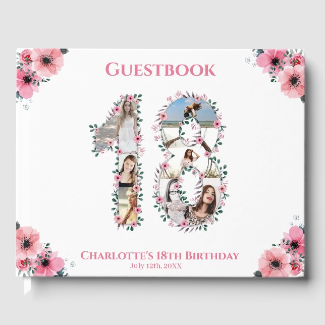 Big 18:e födelsedagen Photo Collage Flower Girl Wh Gästböcker (Framsida)