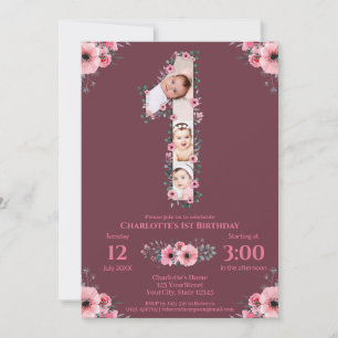Big 1st Birthday Girl Photo Collage Rosa Flower Inbjudningar