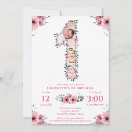 Big 1st Birthday Girl Photo Collage Rosa Flower Inbjudningar