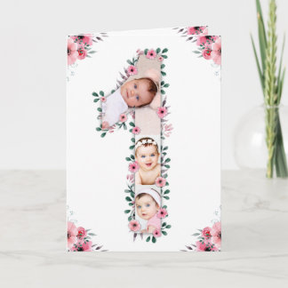 Big 1st Birthday Girl Photo Collage Rosa Flower Kort
