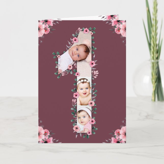 Big 1st Birthday Girl Photo Collage Rosa Flower Kort (Framsida)
