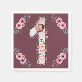 Big 1st Birthday Girl Photo Collage Rosa Flower Pappersservett