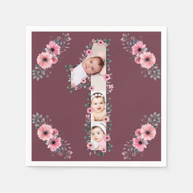 Big 1st Birthday Girl Photo Collage Rosa Flower Pappersservett (Framsidan)