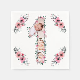 Big 1st Birthday Girl Photo Collage Rosa Flower Pappersservett