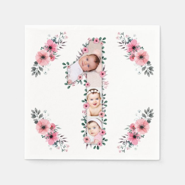 Big 1st Birthday Girl Photo Collage Rosa Flower Pappersservett (Framsidan)