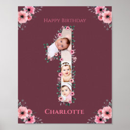 Big 1st Birthday Girl Photo Collage Rosa Flower Poster