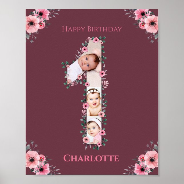 Big 1st Birthday Girl Photo Collage Rosa Flower Poster (Framsidan)