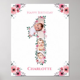 Big 1st Birthday Girl Photo Collage Rosa Flower Poster