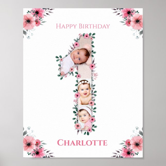 Big 1st Birthday Girl Photo Collage Rosa Flower Poster (Framsidan)