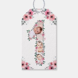 Big 1st Birthday Girl Photo Collage Rosa Flower Presentetikett
