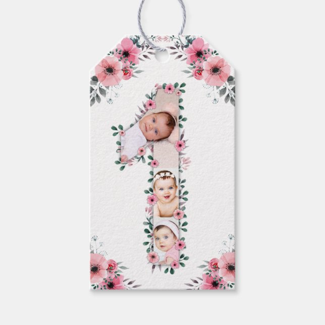 Big 1st Birthday Girl Photo Collage Rosa Flower Presentetikett (Framsidan)