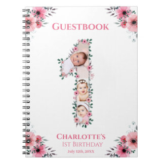 Big 1st Birthday Girl Photo Rosa Flower Guest Bok Anteckningsbok