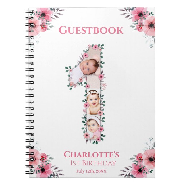 Big 1st Birthday Girl Photo Rosa Flower Guest Bok Anteckningsbok (Framsidan)