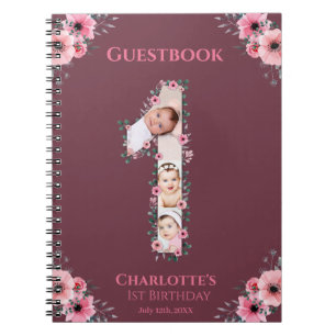 Big 1st Birthday Girl Photo Rosa Flower Guest Bok Anteckningsbok