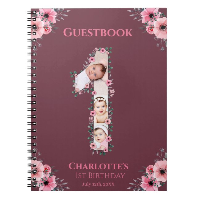 Big 1st Birthday Girl Photo Rosa Flower Guest Bok Anteckningsbok (Framsidan)
