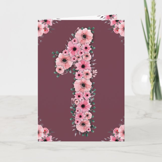 Big 1st Birthday Girl Rosa Flowers Grönt Foliage Kort (Framsida)