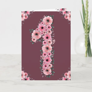 Big 1st Birthday Girl Rosa Flowers Grönt Foliage Kort