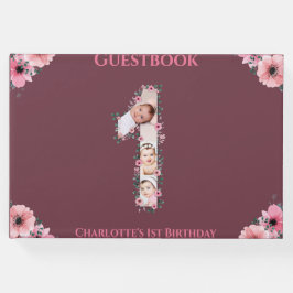 Big 1st Birthday Photo Collage Flower Girl Rosa Gästböcker