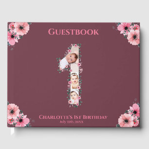 Big 1st Birthday Photo Collage Flower Girl Rosa Gästböcker