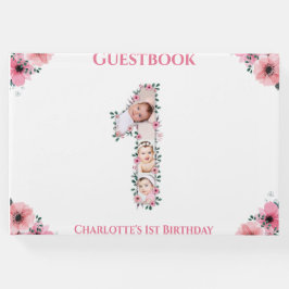 Big 1st Birthday Photo Collage Flower Girl White Gästböcker