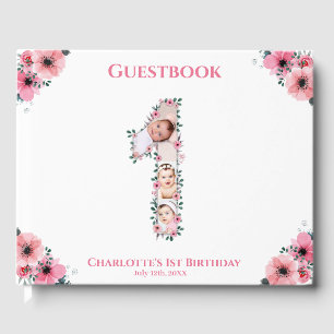 Big 1st Birthday Photo Collage Flower Girl White Gästböcker
